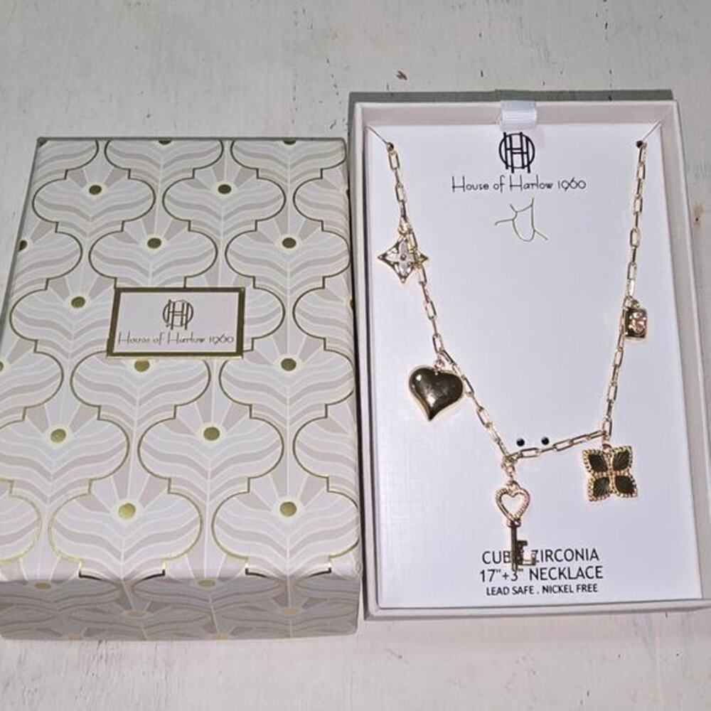 House of Harlow 1960 Gold Charm Necklace Heart Key Flower Star New‎